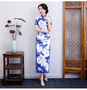 White with blue porcelain printed chinese dresses traditional cheongsam qipao dresses host singers miss etiquette show banquet dresses