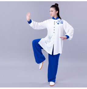 white with blue Tai Chi clothing kung fu uniforms for women and men martial art performance clothing team fitness clothing printing two-piece suit