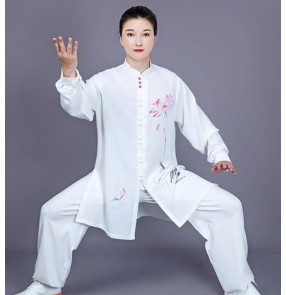 White with lotus printed Tai Chi Clothing for Women's chinese kung fu uniforms Tai Chi Practicing Women's taichi fitness gymnastics morning exercises practice Wear