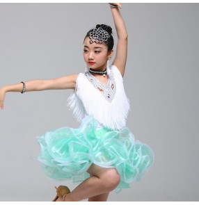 White with mint fringes girls kids children latin dance dresses rhinestones modern dance stage performance ballroom salsa chacha rumba dance skirts dresses