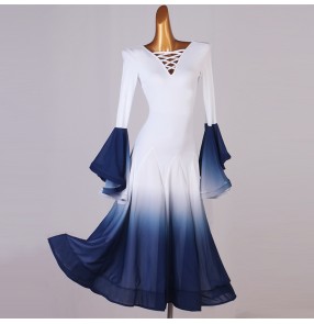 White with navy gradient color ballroom dance dress for women kids stage performance waltz tango foxtrot smooth dance dress modern ballroom dancing long gown