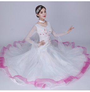 White with pink women's girls competition ballroom dancing dresses stage performance waltz tango dance dresses