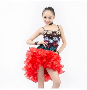 wholesale Girls adult embroidery and sequined flower pattern latin dance dress dance wear 110-160 red black 