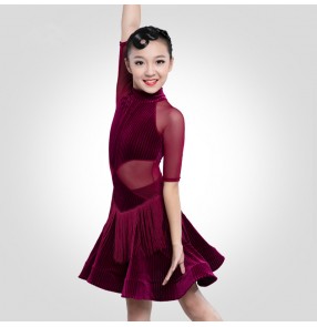 wine black colored Girls competition latin dance dresses ballroom salsa chacha dance dress