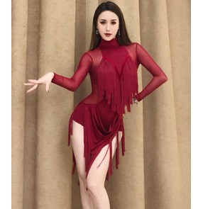 Wine black fringe Latin dance dresses for women female Professional competition latin performance costume long sleeves tassel dance skirt