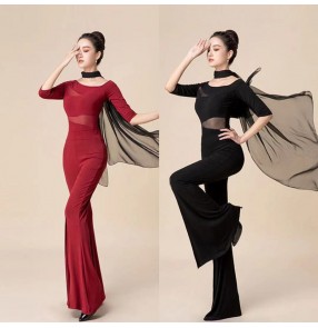 Wine black latin ballroom dancing costumes for women girls Body art test training suit lyrical dance practice outfits tutor etiquette modal top catwalk