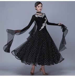 wine black Women's competition ballroom dancing dresses girls polka dot sequin rhinestones waltz tango dance dresses