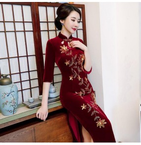 wine color Chinese Dresses traditional chinese qipao dresses for women stage performance photos miss etiquette performance dresses