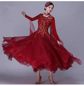 Wine colored girls women ballroom dancing dresses professional competition tango waltz stage performance dance dresses