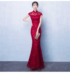 Wine red lace chinese dress for women Toast dress bride cheongsam red long temperament slim fishtail wedding evening dress qipao skirt women