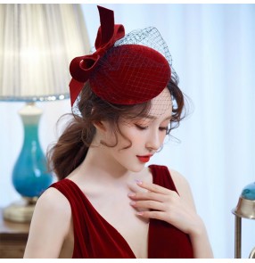 Wine red wool pillbox hats fascinators for women toast bride bowknot elegant banquet noble atmosphere ladies dress net yarn small top hat
