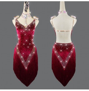 Wine velvet diamond competition latin dance dresses for women girls salsa rumba chacha dance dress stage performance  latin dance costumes for female