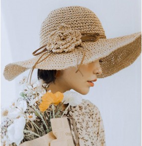 Woman summer Beige pink Straw hat sunscreen church hats for female summer big brimmed sun hat foldable beach hat