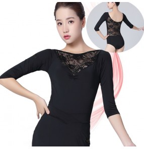 Women ballroom Dance bodysuits black lace half sleeves latin dance jumpsuits for adult competition standard waltz tango dance leotards practice clothes coveralls