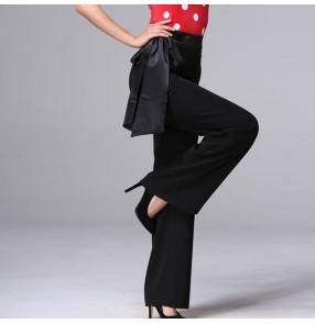 Women ballroom latin dance long pants black colored waist with ribbon sashes fashion latin samba chacha dance long trousers