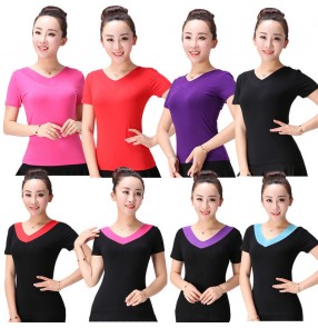 Women ballroom latin dancing v neck tops short sleeves tango waltz salsa dance blouses shirts for female