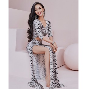 Women Belly dance practice clothes sexy leopard print oriental dance beginner long skirt exercises practice dance suit