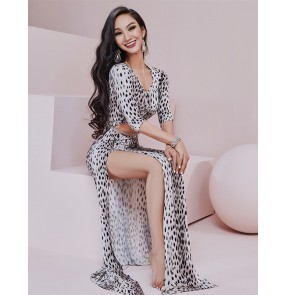 Women Belly dance practice clothes sexy leopard print oriental dance beginner long skirt exercises practice dance suit