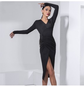 Women Black apricit long sleeves Latin dance dress female adult waist ruffled high slit skirt standard salsa rumba dance practice clothes