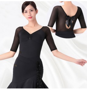 Women black back with bowknot ballroom latin dance bodysuits for female flamenco waltz tango dance competition leotard tops