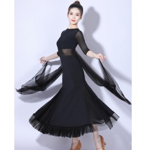 Women Black Ballroom Dance Dresses Half mesh sleeves With float sleeves long Length Waltz Tango Foxtrot Smooth Dance Long Dress Competition Dance Costumes