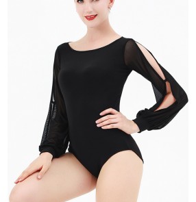 Women black ballroom dance  jumpsuits top Female professional waltz tango dance strapless long lantern sleeves Latin dance practice bodysuits for female