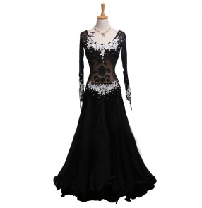 Women black ballroom dance skirt competition ballroom dancing dresses long sleeves waltz tango Performance clothing stretch net black and white lace flower swing skirt