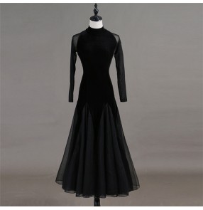 Women black ballroom dancing dresses female velvet long sleeves flamenco waltz tango dancing skirts costumes dress
