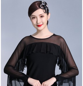 Women black color ballroom latin dance tops waltz tango dance tops modern rumba salsa chacha dance blouses shirt for lady 