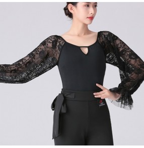 Women black color competition ballroom dance body tops for women long lace sleeve exercise gymnastics latin ballroom dance leotard suit Professional jumpsuit