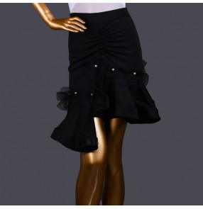 Women black colored latin dance skirts rumba salsa chacha performance irregular ruffles skirts for female