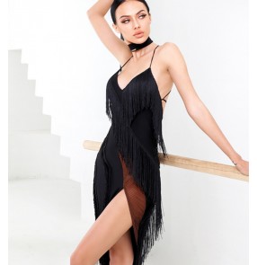 Women black Fringe Latin dance dress with straps and chest pad exercise clothes latin dance costumes  for female