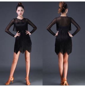 Women black fringed Latin dance dresses female practice training dance skirts Multi-layer tassel costume
