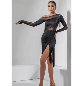 Women black fringed latin dance dresses inclinded shoulder long sleeves side split tassels competition salsa rumba chacha dance dresses