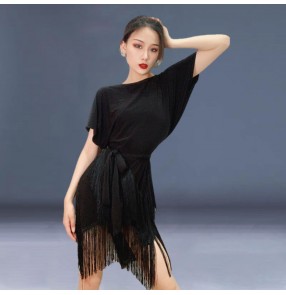 Women black fringed latin dance dresses Latin dance costume female adult loose short sleeve exercise clothes Tassel modern dance suit