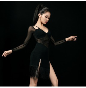 Women black gray leopard Latin dance dress female adult professional competition fringed long sleeves v neck chacha rumba dance performance dress