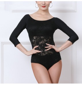 Women Black Lace Ballroom Latin Dance Bodysuits for Women Waltz Tango Dance Padded Body Leotards Tops For Female