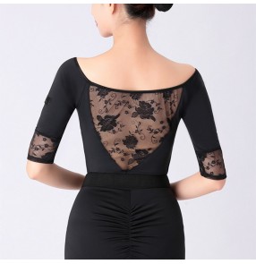 Women black lace ballroom latin dance bodysuits Sexy lace half sleeves waltz tango performance jumpsuit for female stage performance costume