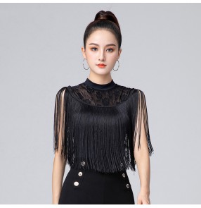 Women black lace fringe latin ballroom dance bodysuits rumba salsa chacha dance body tops modern dance stage performance tassels jumpsuits