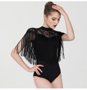 Women black lace Fringed Latin dance bodysuits tops female adult ballroom salsa rumba chacha dance jumpsuits short-sleeved professional lace dance practice clothes