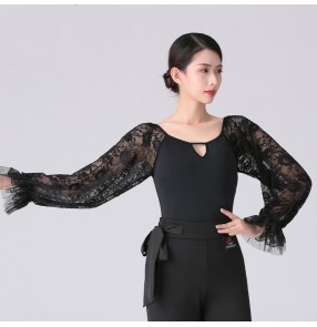 women black lace Latin dance bodysuits female adult slim long-sleeved one-piece dance art test practice clothes modern ballroom dance clothes jumpsuits top