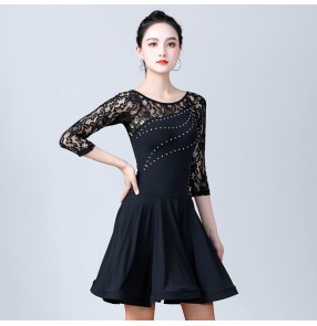 Women black lace latin dance dresses stage performance rhinestones rumba salsa chacha dance dress ballroom performance dress for ladies