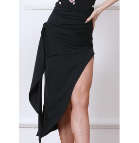 Women Black Latin Ballroom Dance Skirt Irregular hem side slit fringe rumba Salsa Chacha Dance SKirt For Female latin dance costumes