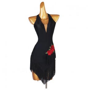 Women Black Latin Dance Dresses Fringed with embroidered rose flowers latin dress for female slsa rumba chacha backless ballroom dance dresses