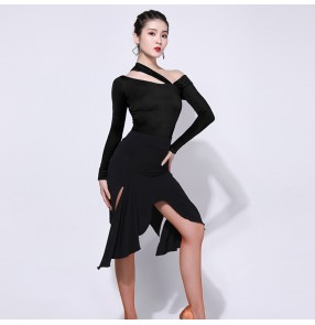 Women black Latin dance skirt dress art test suit competition suit irregular skirts professional performance suit body training suit