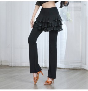 women Black latin dance skirts pants for woman mid-waist fake two-piece latin salsa cha cha rumba training dance long pants dance culottes for female