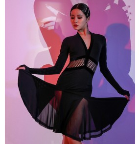 Women Black Latin dance wear women's long-sleeved  v neck hollow waist latin dance dress suit rumba salsa chacha dance training costume