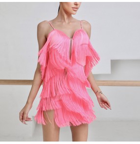 Women black neon pink yellow latin dance Dress tassel Latin dance practice clothes latin dance skirts competition suits with chest padded panties