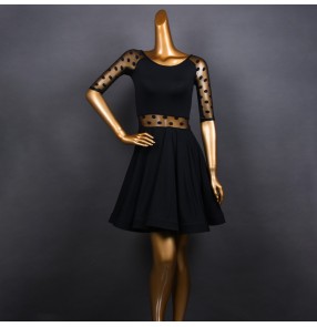 Women black polka dot sleeves latin dance dresses lady salsa rumba chacha dance dress for female 