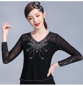 Women black red diamond competition ballroom latin dance tops Modern dance social three-step jitba waltz tango dance shirt blouses long sleeves